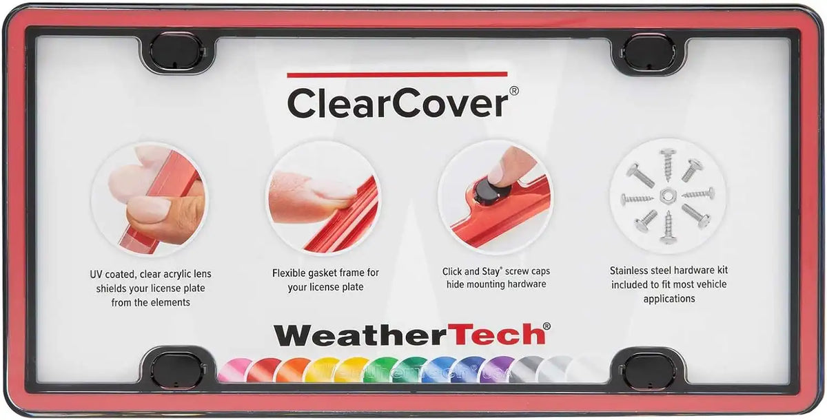 WeatherTech ClearCover License Plate Cover and Frame, Stainless Steel, Red/Black
