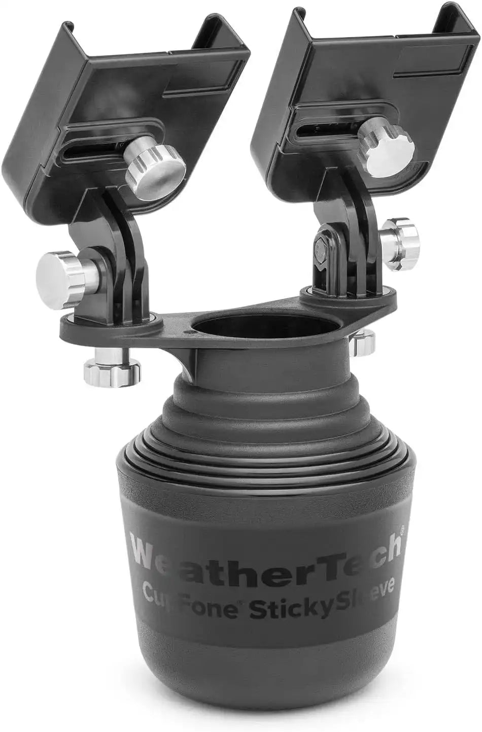 WeatherTech CupFone Duo – Adjustable, Universal Cup Holder Phone Mount Car & Truck Accessory – Best Design for iPhone & Smartphone Charging – Silver Metal Knobs