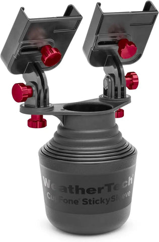 WeatherTech CupFone Duo – Adjustable, Universal Cup Holder Phone Mount Car & Truck Accessory – Best Design for iPhone & Smartphone Charging – Red Metal Knobs