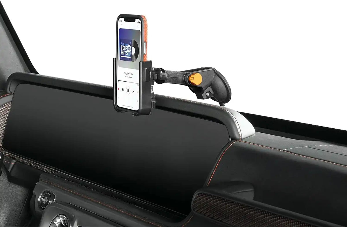 WeatherTech WindshieldFone - Universal Windshield-Mounted Car Phone Holder - Orange Billet Knobs